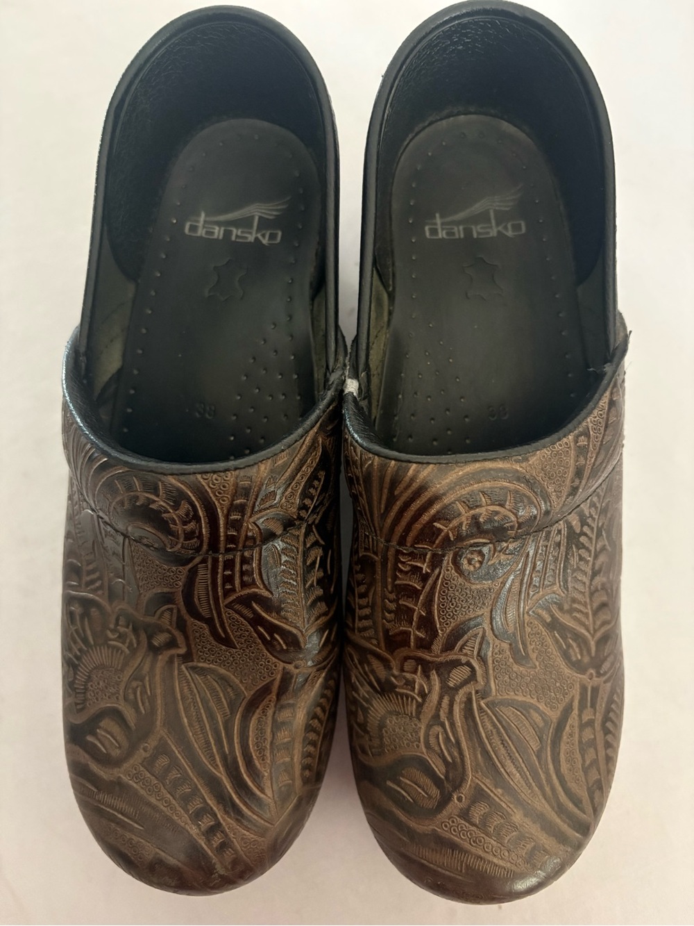 Dansko Brown Embossed Leather Slip-On Clogs